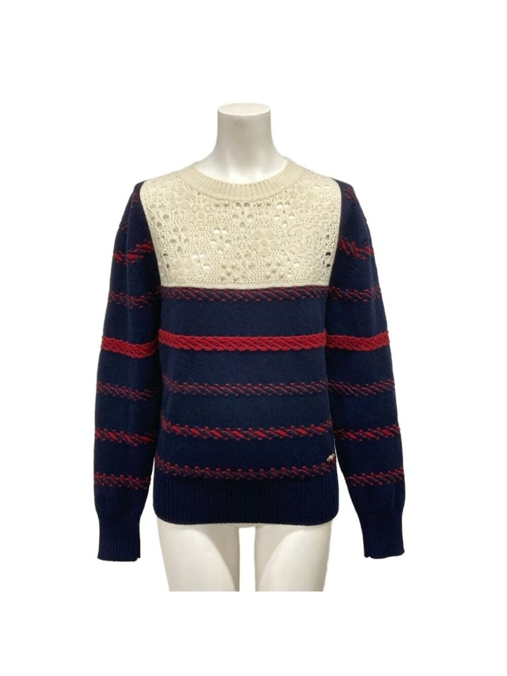 Chanel Long Sleeve Sweater S White Navy Red Cashmere